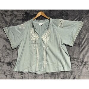 Chelsea & Theodore Women's Large Green Embroidered Crinkle Tunic Top Boxy Boho